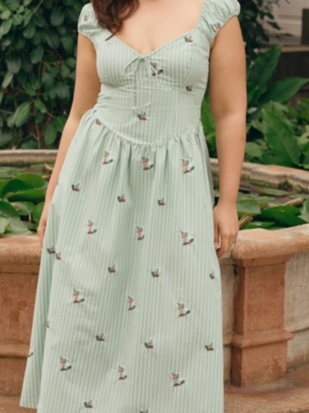 Abercrombie Cap Sleeve Dipped Waist Midi Dress in Green Stripe Ladybug - XXL